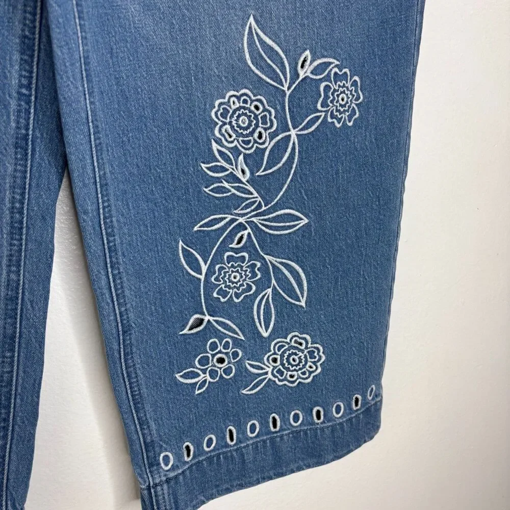 Talbots Wide Leg Crop Jeans 10P Petite Blue Embroidered Floral Stretch Denim